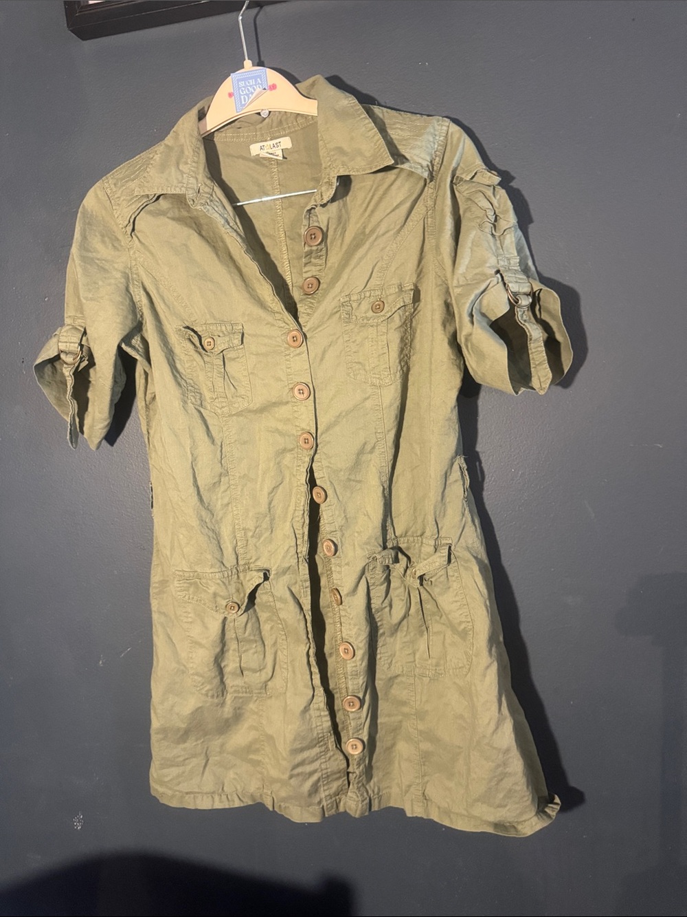 At Last Olive Green Utility Shirt Dress with Button Front